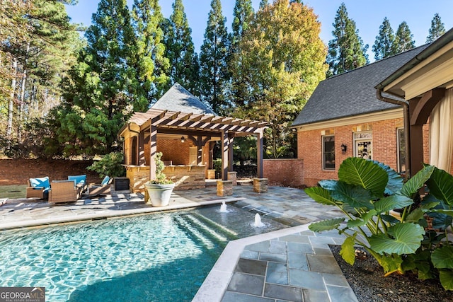 pool featuring an outdoor living space, a patio area, and a pergola