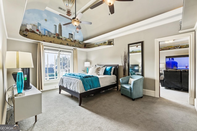 bedroom with baseboards, visible vents, carpet floors, and ceiling fan