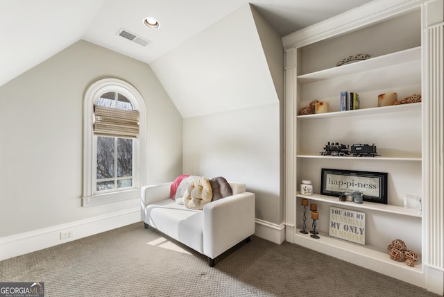 living area with visible vents, recessed lighting, carpet flooring, baseboards, and vaulted ceiling