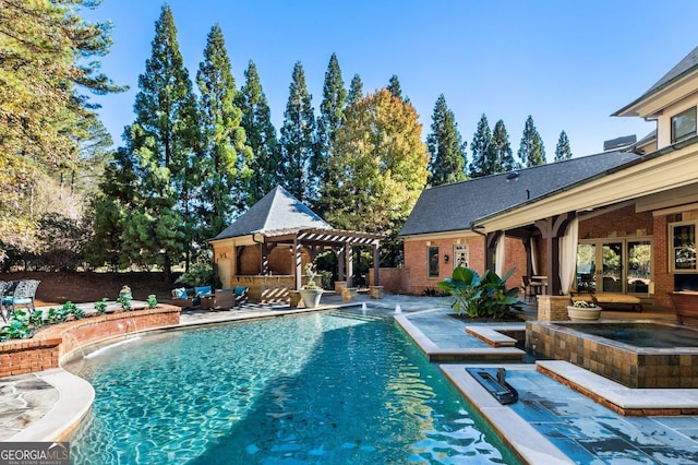 outdoor pool with a patio area and a pergola