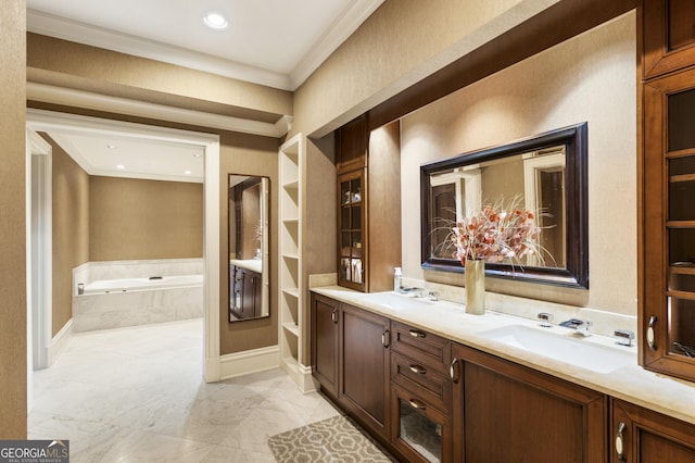 full bath with a bath, double vanity, crown molding, and a sink