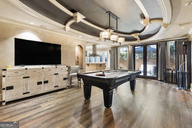 recreation room with french doors, wood finished floors, plenty of natural light, and ornamental molding