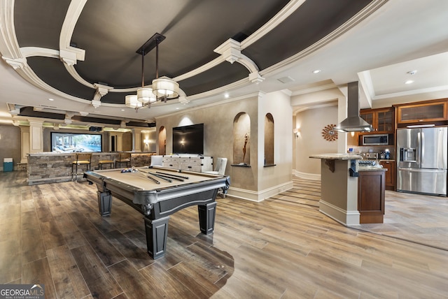 rec room featuring billiards, baseboards, recessed lighting, light wood-style floors, and a raised ceiling