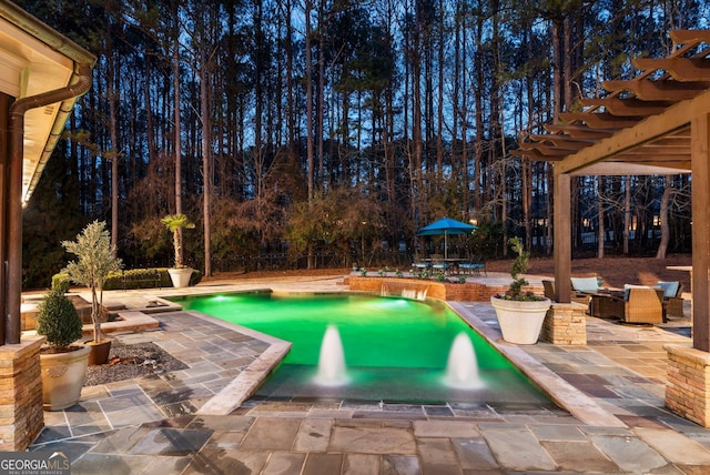 view of pool featuring outdoor dining space, a patio, fence, and a pergola