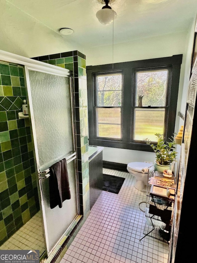 bathroom featuring a shower stall, toilet, and tile patterned floors