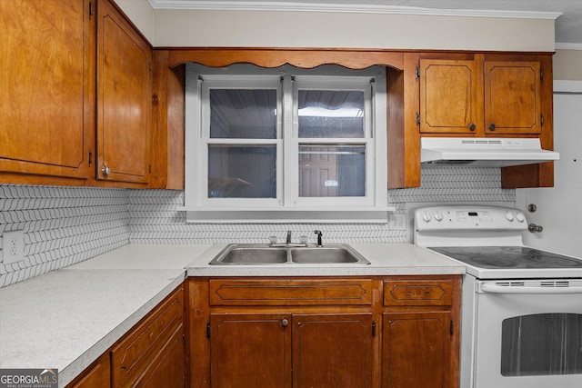 kitchen with under cabinet range hood, electric range, a sink, light countertops, and brown cabinets