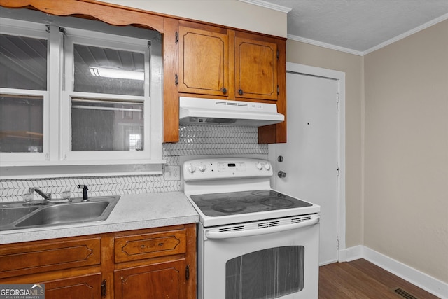 kitchen with white electric range oven, light countertops, crown molding, under cabinet range hood, and a sink