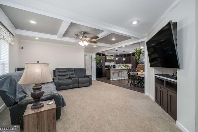 living room featuring recessed lighting, coffered ceiling, beam ceiling, carpet, and crown molding