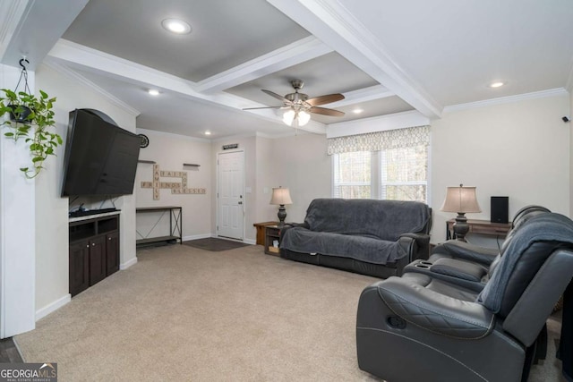 living area featuring ornamental molding, light carpet, beamed ceiling, and baseboards