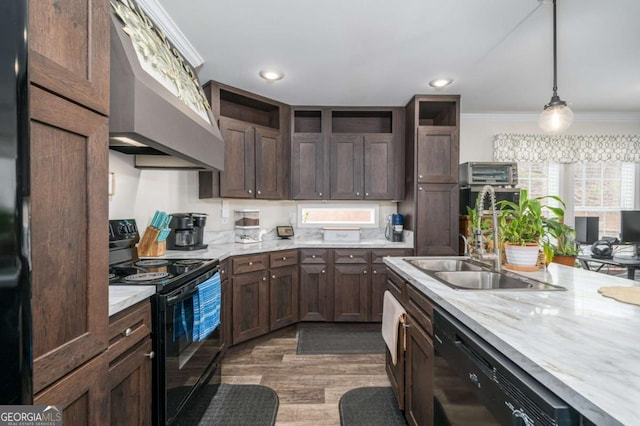 kitchen featuring ornamental molding, dark wood-style flooring, black appliances, open shelves, and exhaust hood