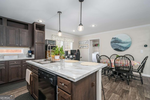 kitchen with washer / dryer, dishwasher, dark wood-style flooring, light countertops, and a sink