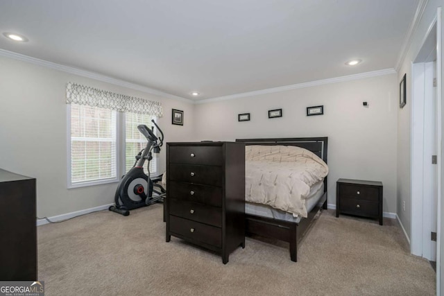 bedroom with baseboards, ornamental molding, and light colored carpet