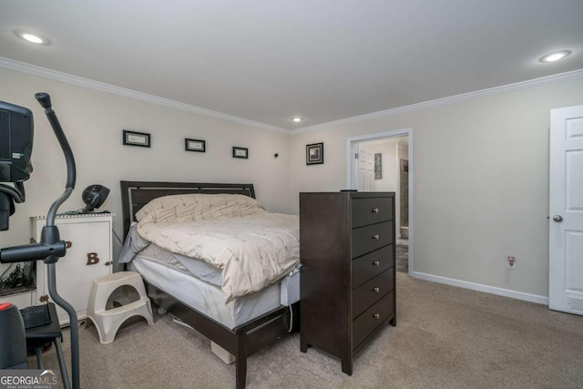 bedroom featuring ornamental molding, recessed lighting, light colored carpet, and baseboards