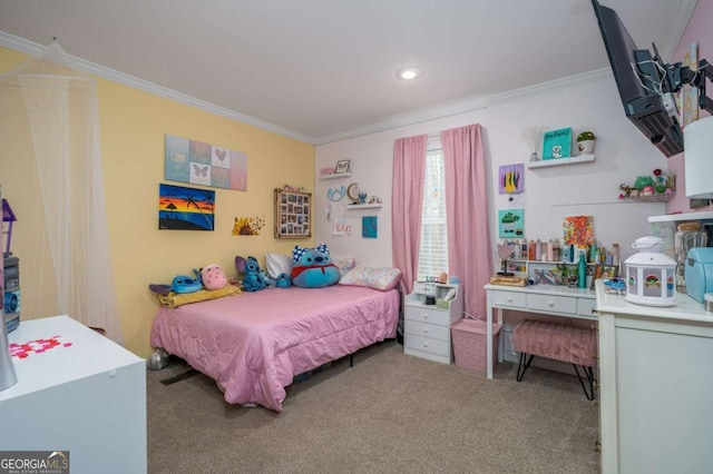 carpeted bedroom with crown molding and recessed lighting