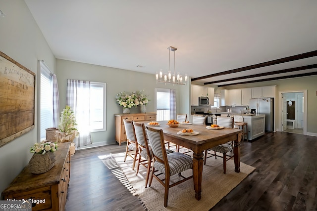 dining space with baseboards, beam ceiling, a chandelier, and dark wood-style flooring