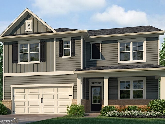 view of front of home featuring a garage, covered porch, brick siding, concrete driveway, and board and batten siding