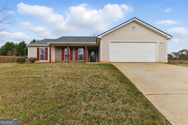 ranch-style house featuring driveway, an attached garage, fence, a front lawn, and brick siding