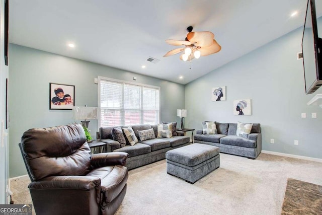 carpeted living area with a ceiling fan, baseboards, visible vents, recessed lighting, and vaulted ceiling