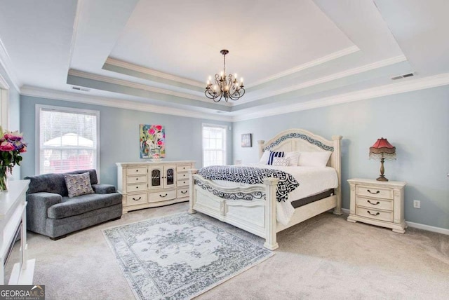 bedroom with visible vents, light colored carpet, a raised ceiling, and an inviting chandelier