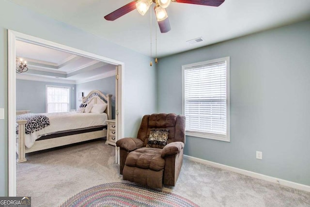 bedroom featuring visible vents, crown molding, baseboards, and carpet floors