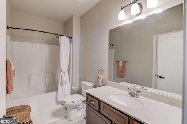 bathroom with toilet, tile patterned flooring, shower / tub combo with curtain, and vanity