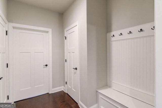 mudroom with baseboards and dark wood-type flooring