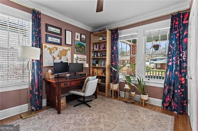 office space featuring plenty of natural light, crown molding, baseboards, and wood finished floors