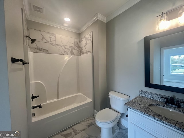 bathroom with toilet, vanity, visible vents, marble finish floor, and crown molding