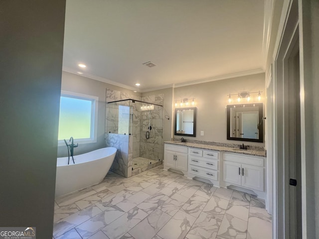 full bathroom featuring marble finish floor, ornamental molding, a sink, and a stall shower