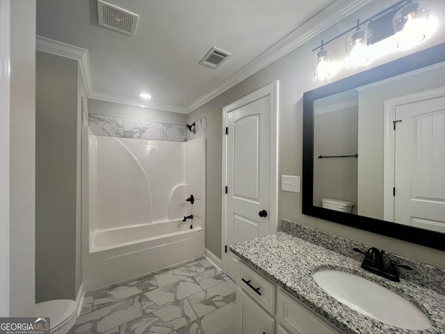 full bath featuring ornamental molding, marble finish floor, visible vents, and toilet