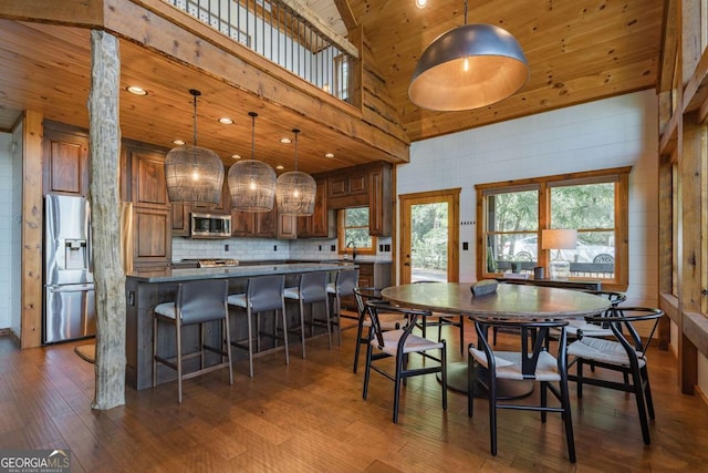 dining room featuring high vaulted ceiling, a wealth of natural light, wood ceiling, and dark wood finished floors