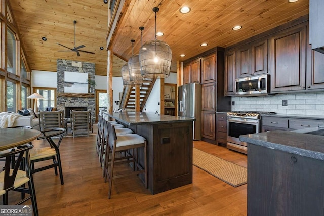 kitchen with tasteful backsplash, wooden ceiling, wood finished floors, stainless steel appliances, and a fireplace