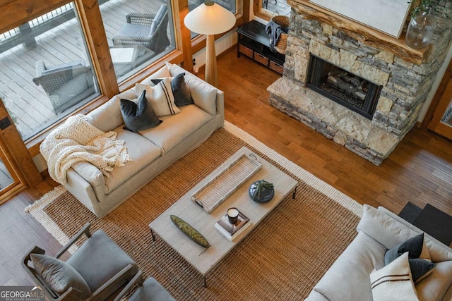 living area featuring hardwood / wood-style flooring and a fireplace