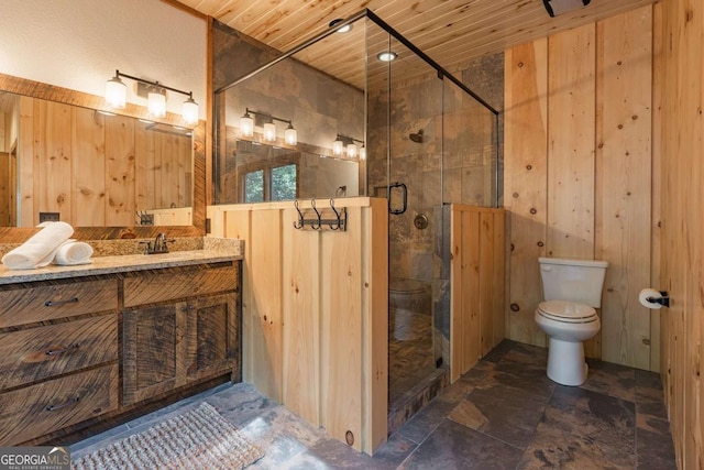 full bathroom with toilet, wooden ceiling, stone finish floor, vanity, and a shower stall