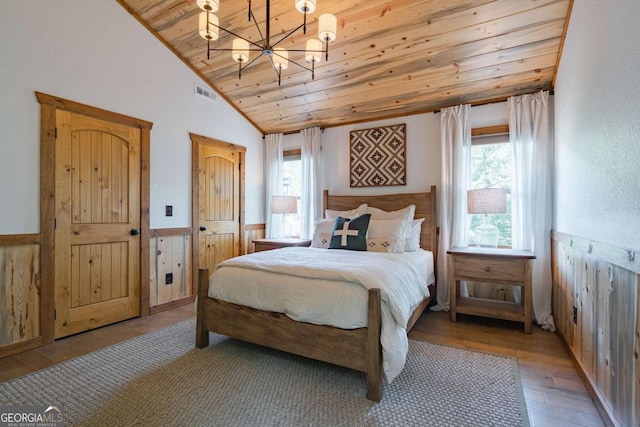 bedroom featuring lofted ceiling, wooden ceiling, visible vents, multiple windows, and wainscoting