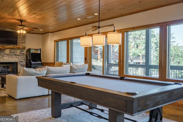 game room with pool table, a fireplace, wooden ceiling, and recessed lighting