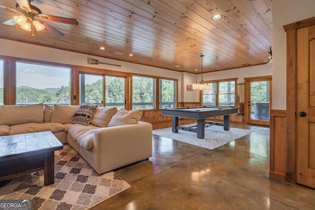 rec room featuring recessed lighting, wooden ceiling, concrete floors, and billiards