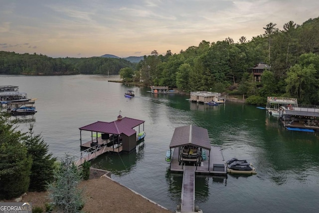 dock area with a wooded view, a water view, and boat lift