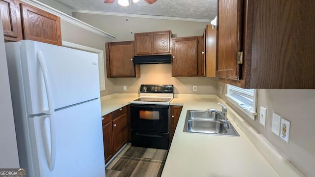 kitchen featuring range with electric stovetop, freestanding refrigerator, a sink, a textured ceiling, and under cabinet range hood