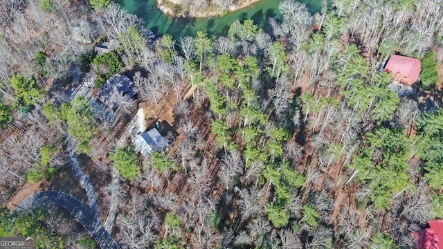 bird's eye view featuring a wooded view