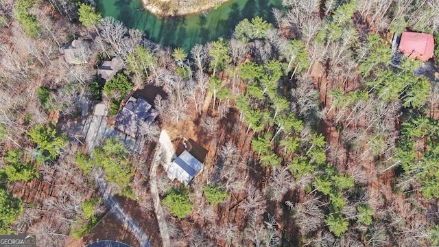 birds eye view of property featuring a forest view