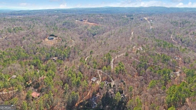 drone / aerial view featuring a mountain view and a wooded view