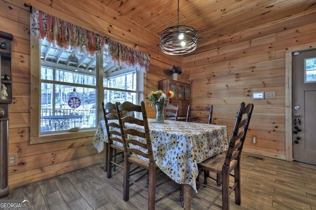 dining room featuring a healthy amount of sunlight, wooden walls, and wood finished floors