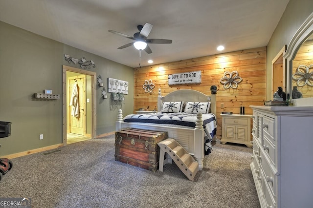 bedroom featuring recessed lighting, carpet floors, a ceiling fan, visible vents, and baseboards