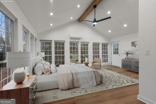 bedroom with high vaulted ceiling, recessed lighting, wood finished floors, a wall mounted AC, and beamed ceiling