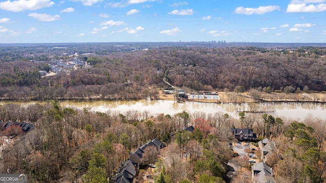 birds eye view of property with a water view and a view of trees