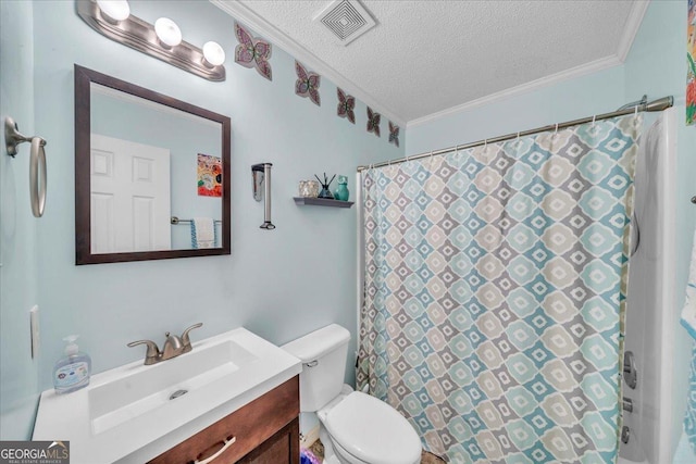 full bath featuring crown molding, visible vents, toilet, a textured ceiling, and vanity