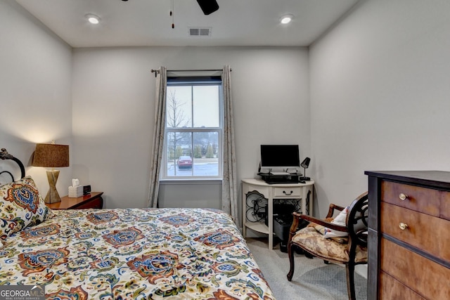 bedroom with recessed lighting, visible vents, ceiling fan, and carpet flooring