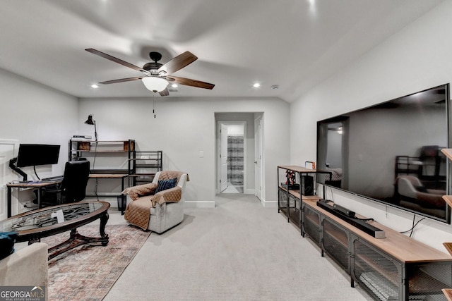 living area featuring recessed lighting, baseboards, carpet floors, and ceiling fan