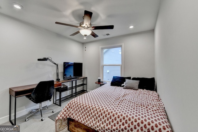 bedroom featuring a ceiling fan, visible vents, baseboards, recessed lighting, and carpet flooring